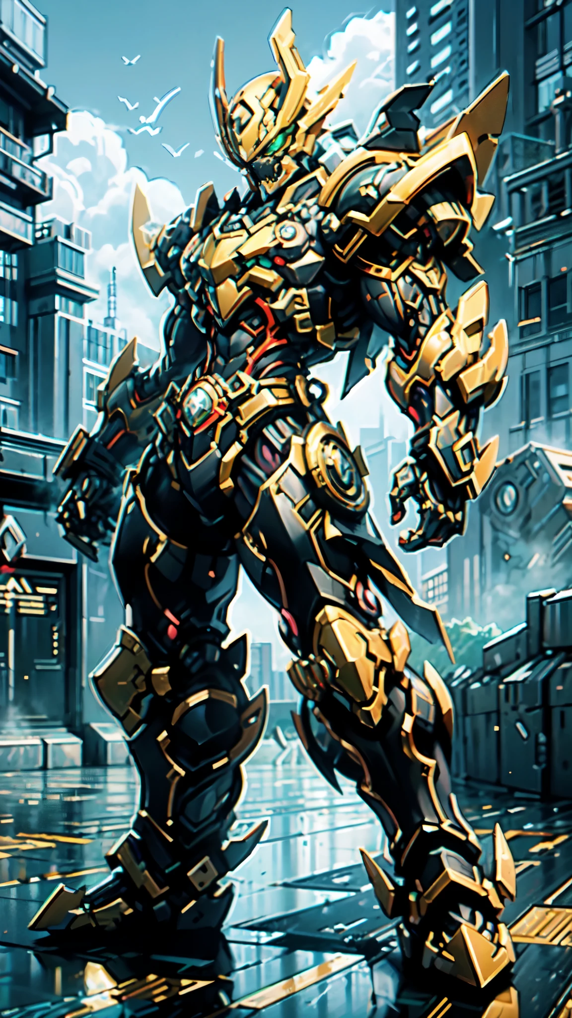 (masterpiece:1.5, best quality:1.5, extremely delicate:1.5, perspective:1.5, foreshortening:1.5, dynamic angle:1.5), a man wearing a full-face helmet, a fantasy-style biotech armored combat suit, green eyes, (a composite layered chest armor), fully enclosed shoulder guards, matching arm and leg guards, the belt is adorned with fangs biting into orbs, (the color scheme is primarily black with red accents), the design balances heavy with agility, a high-tech bio-mecha armor, (Armor Concept Inspired by Bat, stand on the top of a skyscraper in a futuristic sci-fi city), this character embodies a finely crafted fantasy-surreal style armored hero in anime style, exquisite and mature manga art style, (element, plasma, energy, the armor glows), ((male:1.5)), metallic, high definition, highres, ultra-detailed, ultra-fine painting, professional, perfect body proportions, golden ratio, anatomically correct, symmetrical face, extremely detailed eyes and face, high quality eyes, creativity, RAW photo, UHD, 32k, Natural light, cinematic lighting, masterpiece-anatomy-perfect