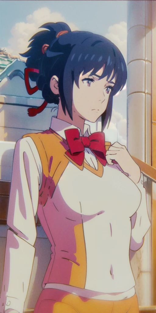 miyamizu_mitsuha, red bowtie,
jewelry, white yoga crop top, white yoga tight shorts, hands on chest,see-through, looking at viewer,  hair ornament, choker, shy,
(masterpiece, top quality, best quality, official art, beautiful and aesthetic:1.2), (1 girl), extreme detailed,  colorful, highest detailed,
(huge breasts:1.2, upper body, from below,  cameltoe,  ) white panties,
china city,street,  sun, cloud, wall, leaning,