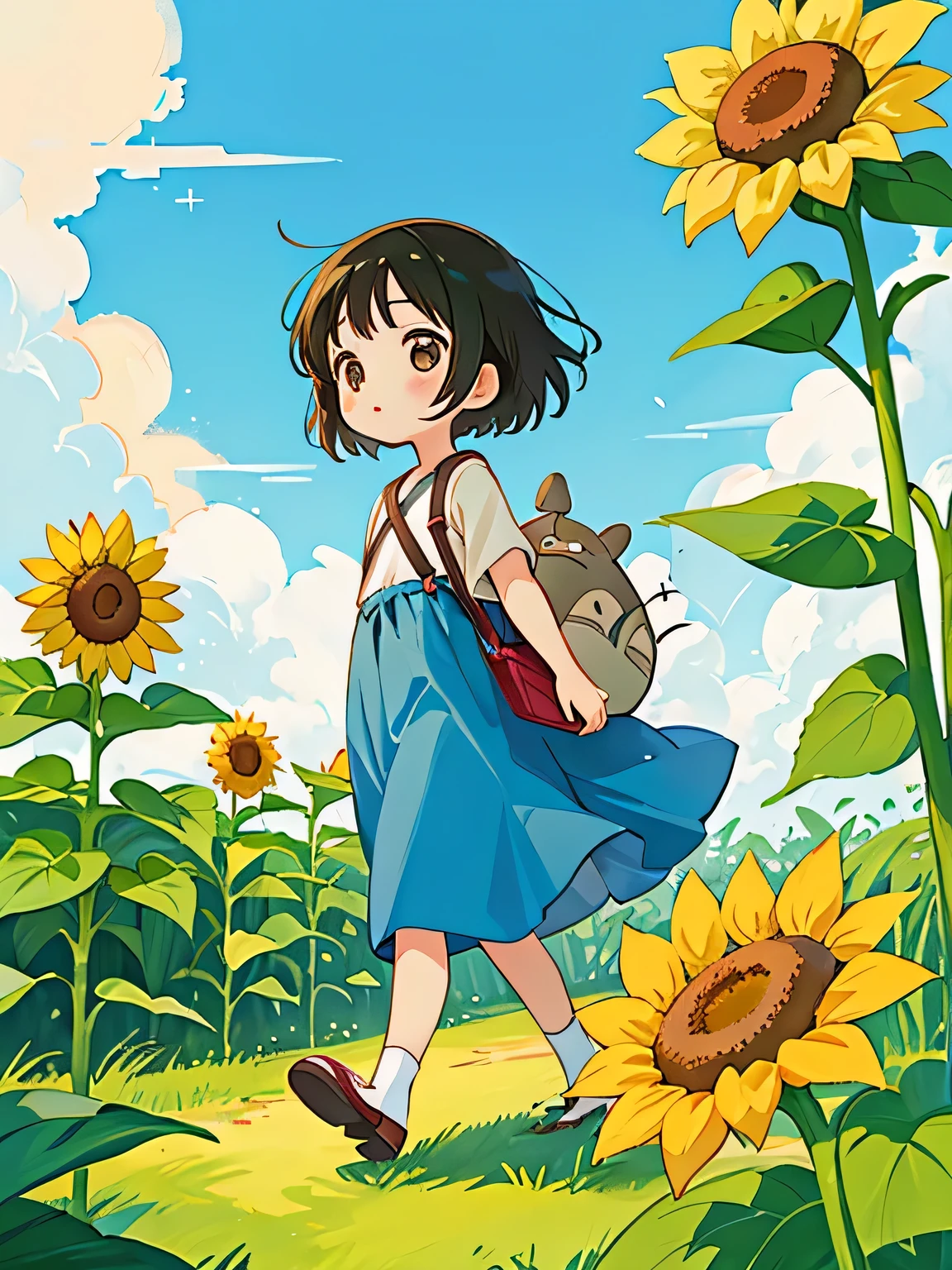 Hayao Mayazaki style, Kawaii Design, The most beautiful girl of all time、Chibi, walking, summer, sunflower, (((ソフトクリーム))), totoro,