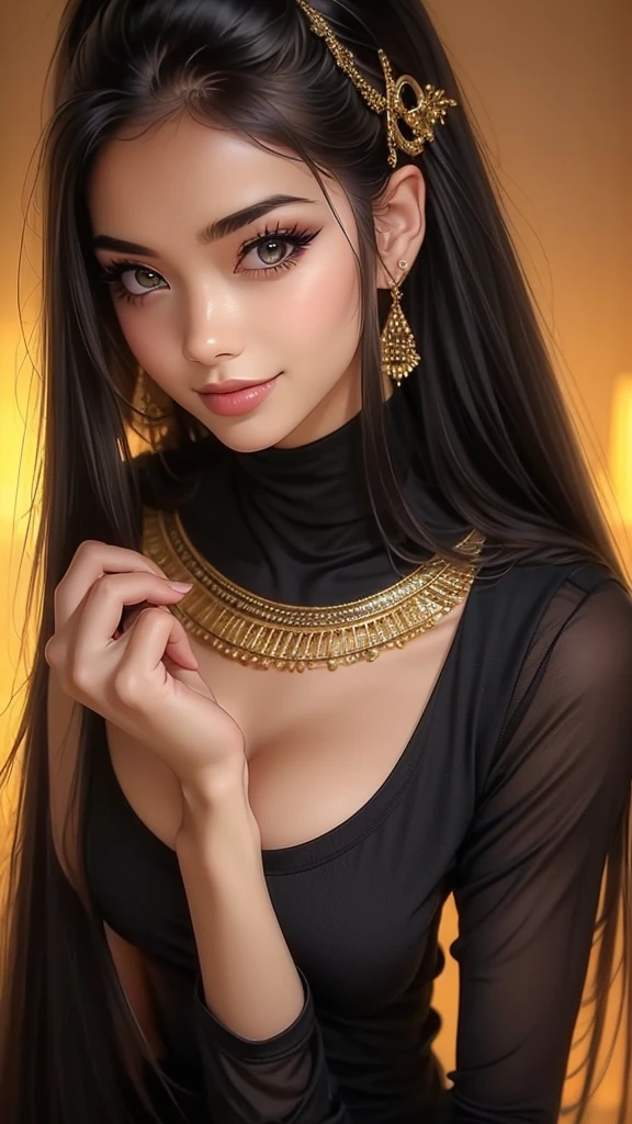 vibrant colors, 1 girl, masterpiece, sharp focus, best quality, depth of field, cinematic lighting, detailed outfit, anubis girl, anubis ears, red eyes, dark skin, cute, smile, medium black hair, egyptian outfit, golden egyptian jewelry, desert, pyramid,