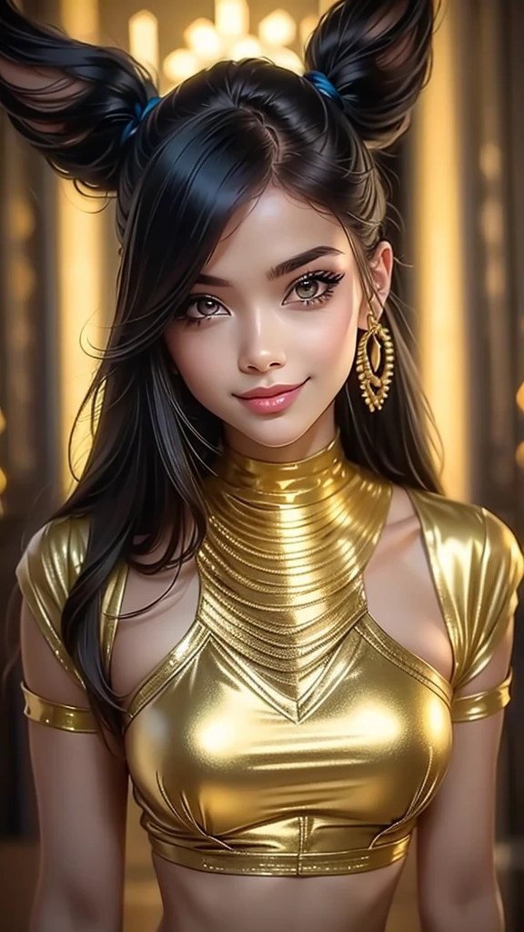 vibrant colors, 1 girl, masterpiece, sharp focus, best quality, depth of field, cinematic lighting, detailed outfit, anubis girl, anubis ears, red eyes, dark skin, cute, smile, medium black hair, egyptian outfit, golden egyptian jewelry, desert, pyramid,