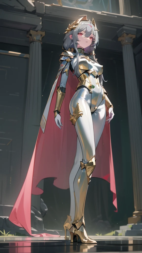 art, 8k, masterpiece, standing, (front), divine, green_lightnings, (Fu_Hua), (Herrscher_of_Sentience), grey_hair, red_eyes, (large_breasts), (plug_suit), (greek_clothing), white_bodysuit, glowing_bodysuit, pink_accents, green_crystal_on_chest, high_heels, (mystical_armor), glowing_cape, armor, gold