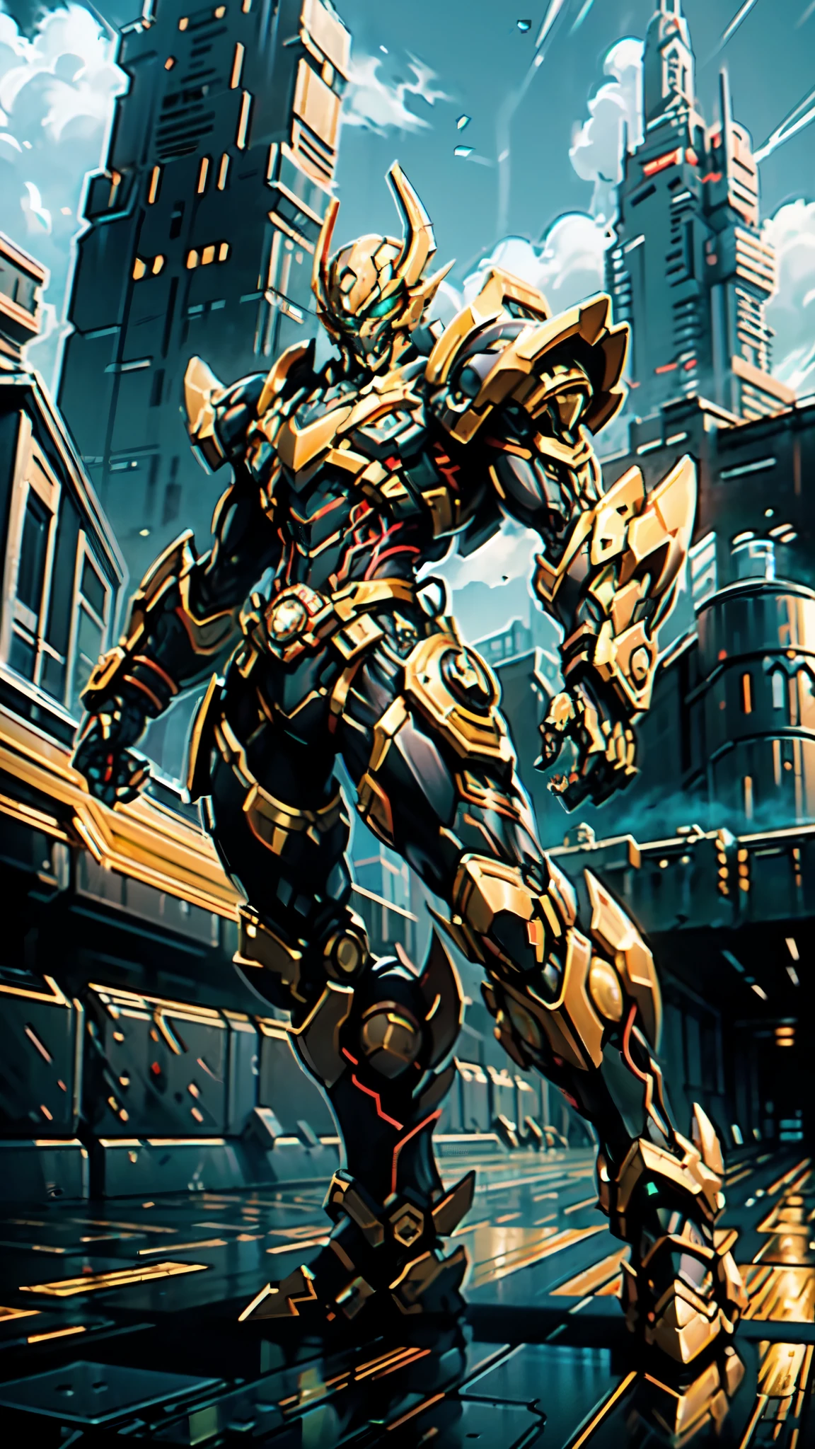 (masterpiece:1.5, best quality:1.5, extremely delicate:1.5, perspective:1.5, foreshortening:1.5, dynamic angle:1.5), a man wearing a full-face helmet, a fantasy-style biotech armored combat suit, green eyes, (a composite layered chest armor), fully enclosed shoulder guards, matching arm and leg guards, the belt is adorned with fangs biting into orbs, (the color scheme is primarily black with red accents), the design balances heavy with agility, a high-tech bio-mecha armor, (Armor Concept Inspired by Bat, stand on the top of a skyscraper in a futuristic sci-fi city), this character embodies a finely crafted fantasy-surreal style armored hero in anime style, exquisite and mature manga art style, (element, plasma, energy, the armor glows), ((male:1.5)), metallic, high definition, highres, ultra-detailed, ultra-fine painting, professional, perfect body proportions, golden ratio, anatomically correct, symmetrical face, extremely detailed eyes and face, high quality eyes, creativity, RAW photo, UHD, 32k, Natural light, cinematic lighting, masterpiece-anatomy-perfect