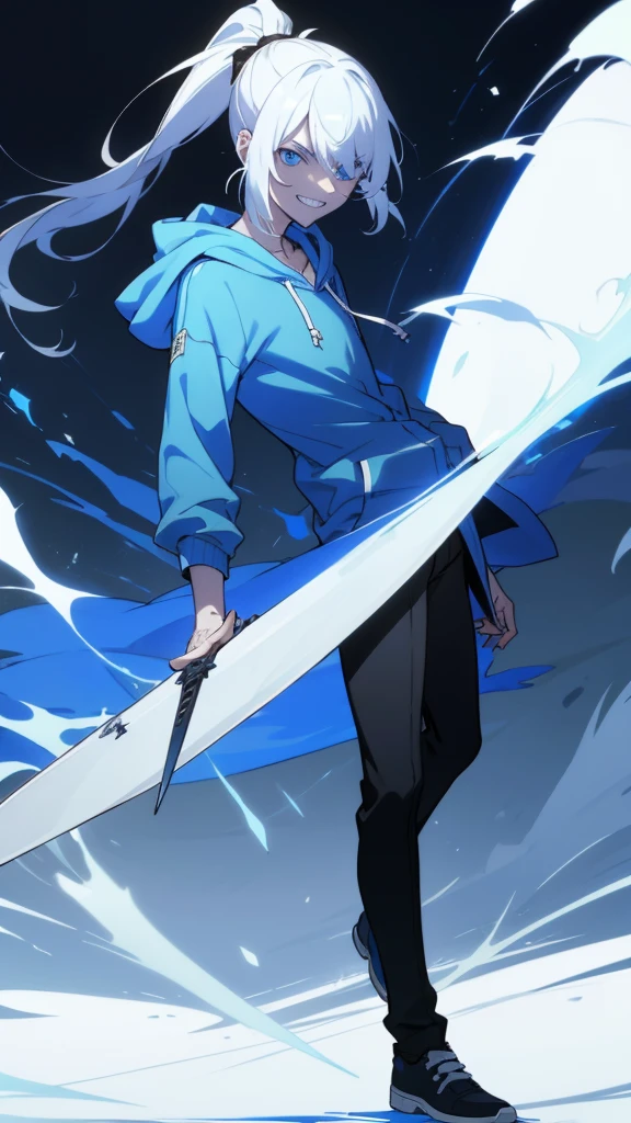 boy, white hair tied in a ponytail, reflective blue eyes, holding a dagger, q shaped dagger, bloodied clothes, battle grin, modern clothing, hoodie, wounded,