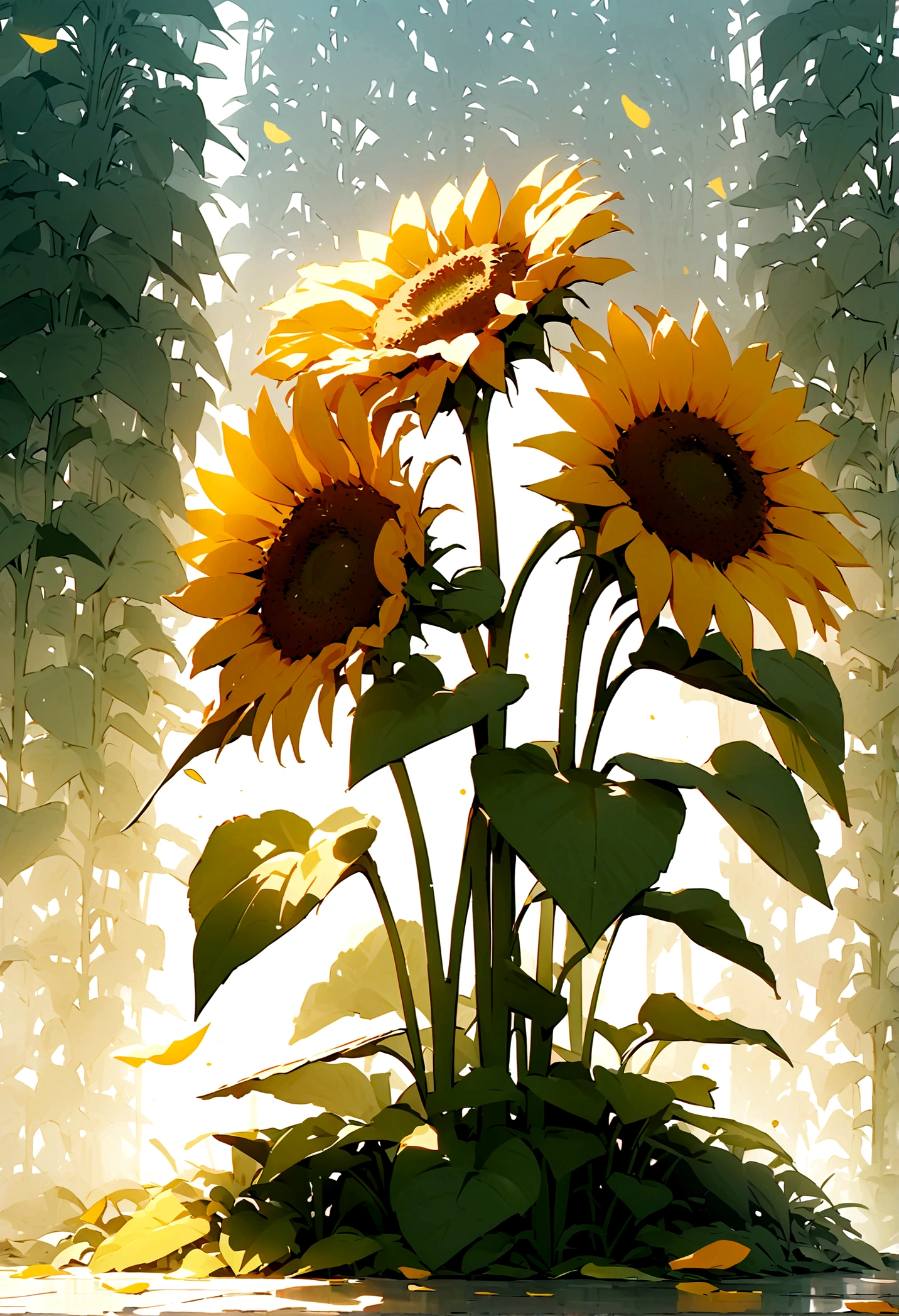 (Sunflowers), yellow, 4 plants planted on the ground, with real plant structure, best quality, bright, light and translucent petals, (pure white background), game style, best quality, masterpiece