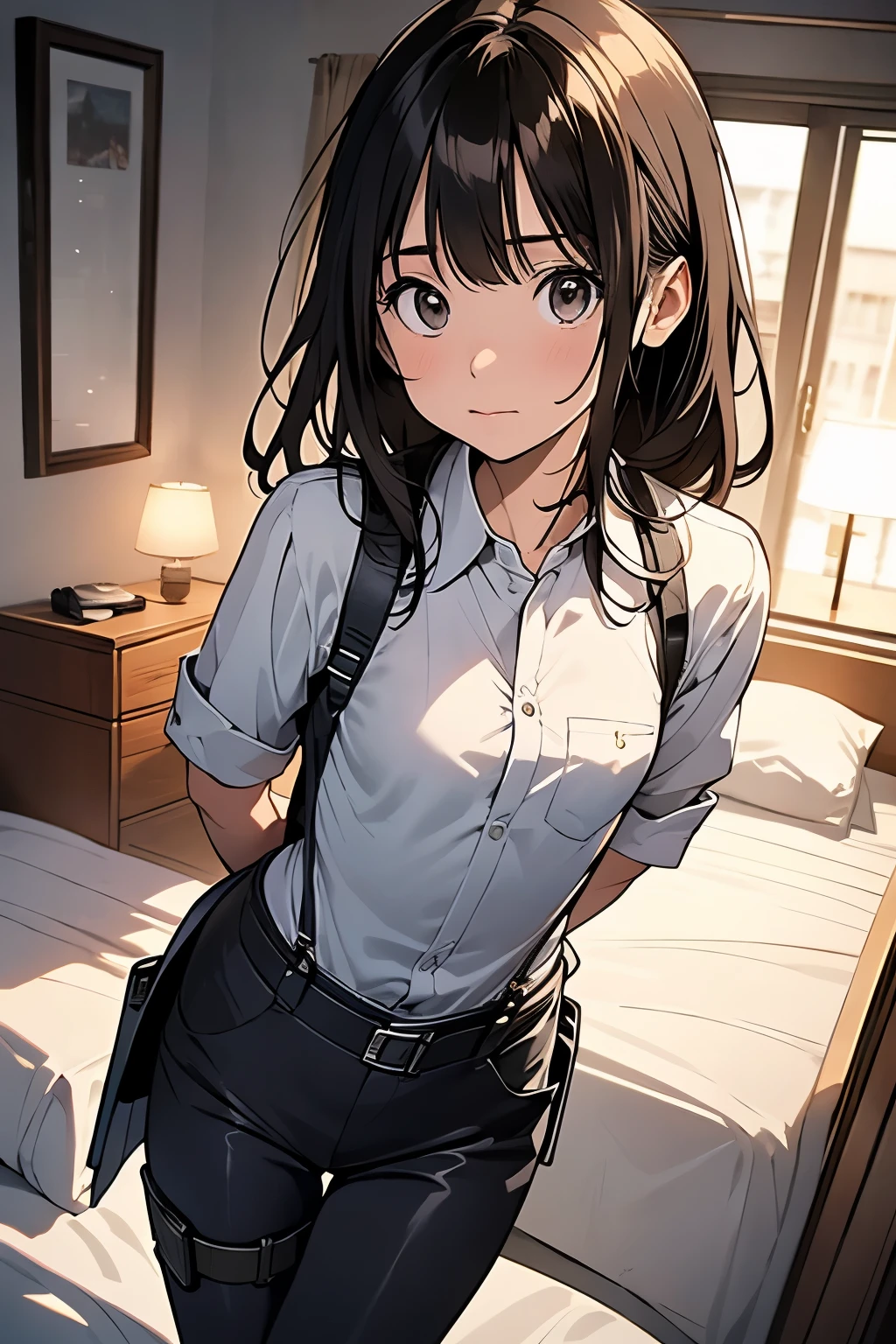 1 female, , high quality, masterpiece, Ultra-high resolution, , Cinema Lighting, , , And the suspenders with the cranes flying　　　Moderate breasts　 　 　　　　Small face　 　　　holster　　　　　　　 Lying in bed　Looking up　　　　Sweat 　　　belt　summer　脇Sweat 　Black Hole Gloves　suit　shirt　　Black jacket　 Black trousers　Leg Links　ズボンにbelt　　holster　 　　Hands behind your back　 Anxious expression　Looking up　Anxious face 