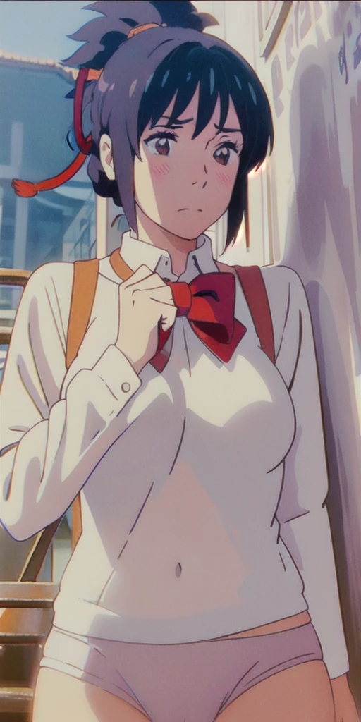 miyamizu_mitsuha, red bowtie,
jewelry, white yoga crop top, white yoga tight shorts, hands on chest,see-through, looking at viewer,  hair ornament, choker, shy,
(masterpiece, top quality, best quality, official art, beautiful and aesthetic:1.2), (1 girl), extreme detailed,  colorful, highest detailed,
(huge breasts:1.2, upper body, from below,  cameltoe,  ) white panties,
china city,street,  sun, cloud, wall, leaning,