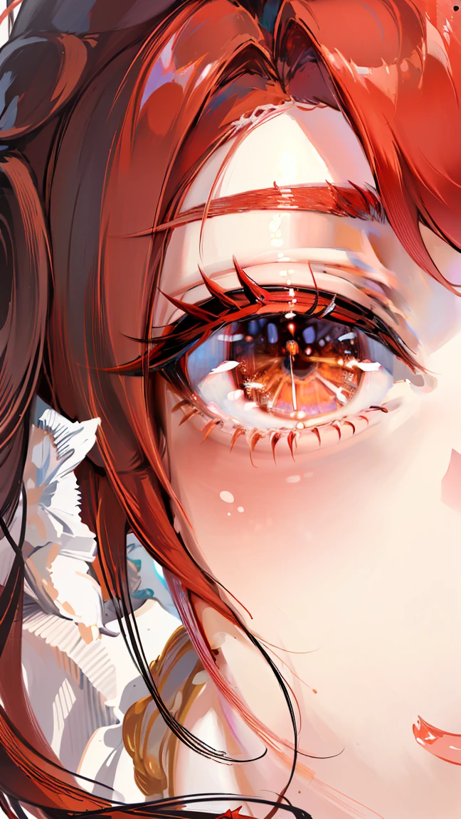 (masterpiece:1.2), (best quality:1.2), (ultra-detailed:1.2), finely detail, perfect anatomy, one girl, Red hair, twin-tail hair, sharp eyes, shining eyes, gradient hair, mean smile, long eyelashes, red eyelashes