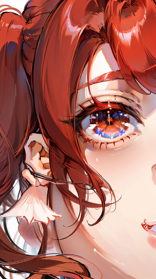 (masterpiece:1.2), (best quality:1.2), (ultra-detailed:1.2), finely detail, perfect anatomy, one girl, Red hair, twin-tail hair, sharp eyes, shining eyes, gradient hair, mean smile, long eyelashes, red eyelashes