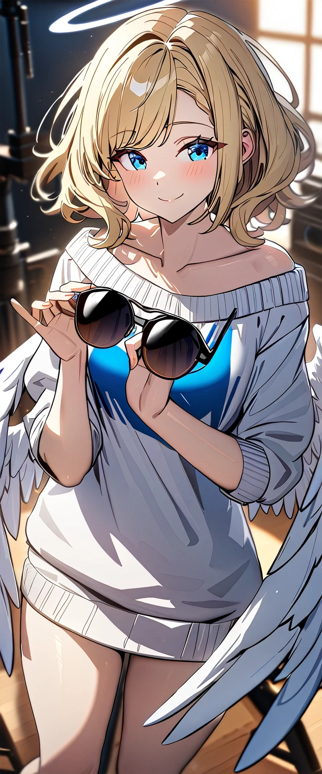 ((angel, big big white wings:1.3, halo:1.3)), ((from above)), (((sunglasses, hand to sunglasses))), (((cowboy shot))), archangel Uriel, ((wavy hair, inward curled hair)), evening, Sunset, ((blond hair, bob cut:1.3)), breasts, teenager, (looking at viewer), oversized clothes, puffy long sleeves, ((off-shoulder sweater:1.3, Quite thick shoulder straps)), ((white sweater)), collarbone, head tilt:1.3, (((blue eyes))), ((happy smile)), (((anime style))), (best quality, 4K, 8K, highres, masterpiece:1.2, ultra-detailed, ultra-detailed eyes, HDR, uhd, studio lighting, ultra-fine painting, sharp focus, physically-based rendering, extreme detail description, professional, vivid colors, bokeh)