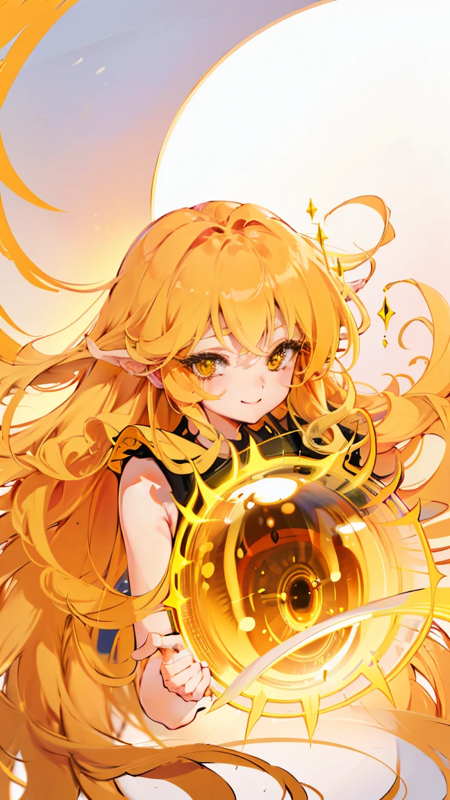 (masterpiece:1.2), (best quality:1.2), (ultra-detailed:1.2), finely detail, perfect anatomy, one girl, Yellow hair, long curly hair, big eyes, sparkling eyes, gradient hair, smile, long, yellow eyelashes,