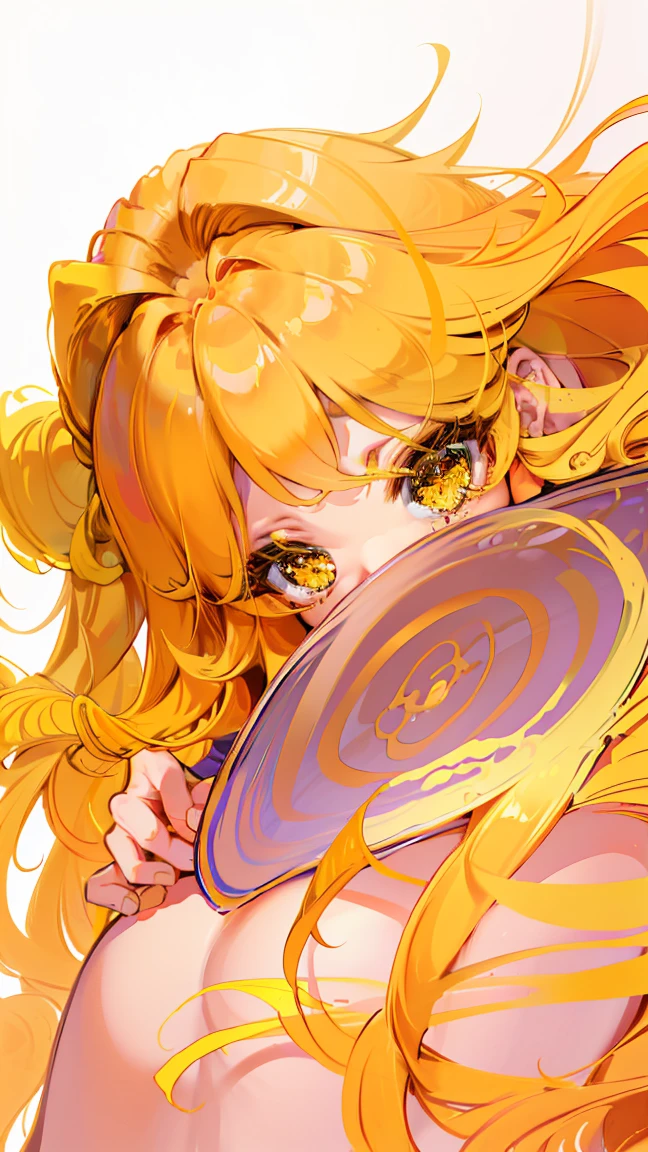 (masterpiece:1.2), (best quality:1.2), (ultra-detailed:1.2), finely detail, perfect anatomy, one girl, Yellow hair, long curly hair, big eyes, sparkling eyes, gradient hair, smile, long, yellow eyelashes,