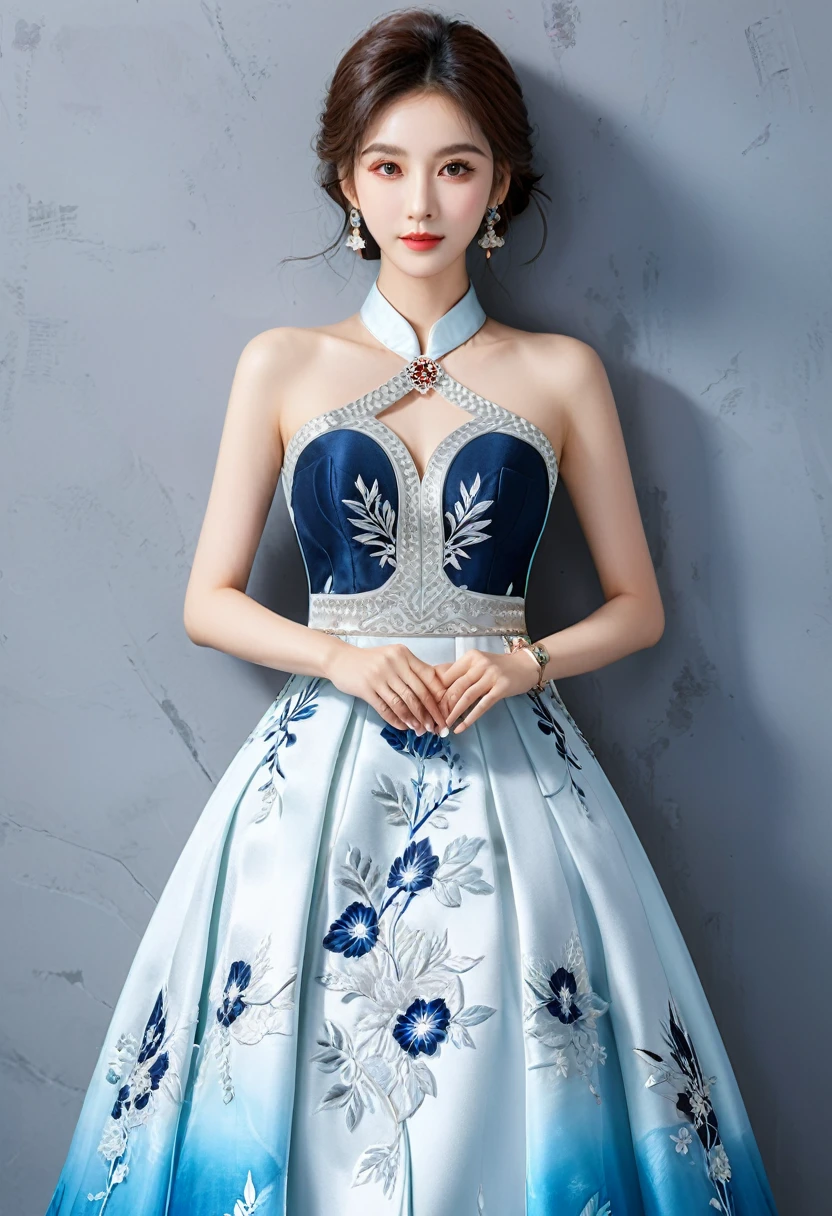 Realistic photo style, whole body 사진에 아름다운 아시아 소녀가 등장합니다., Wearing a unique ethnic style evening gown with delicate skin., bright and lively eyes, Thick eyelashes that look especially attractive. Long dresses are slim and elegant., Eye-catching silver jewelry and alcohol. The high-collar design adds an elegant atmosphere., Color of blue and white porcelain. using light and shadow, The vivid and harmonious appearance of the protagonist is highlighted... whole body, (masterpiece, best quality, professional, perfect composition, very aesthetic, absurd, very detailed, intricate details:1.3)