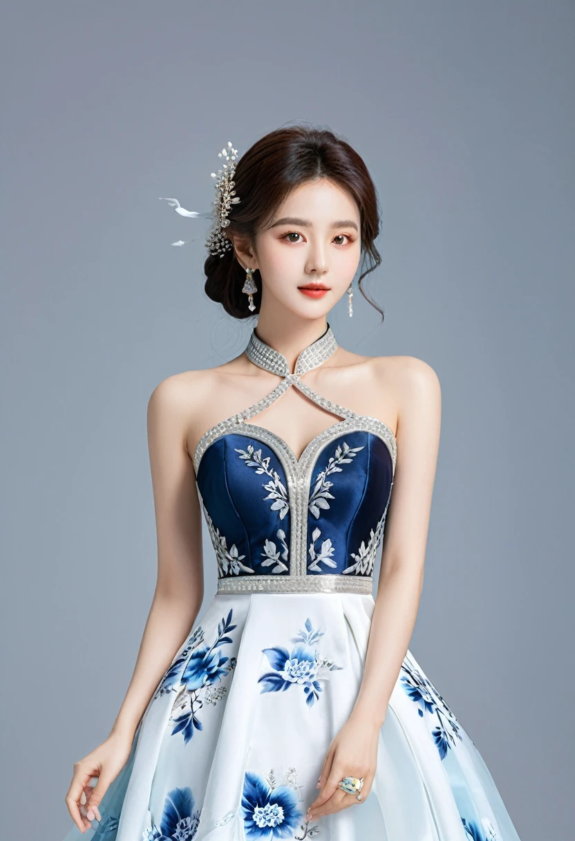 Realistic photo style, whole body 사진에 아름다운 아시아 소녀가 등장합니다., Wearing a unique ethnic style evening gown with delicate skin., bright and lively eyes, Thick eyelashes that look especially attractive. Long dresses are slim and elegant., Eye-catching silver jewelry and alcohol. The high-collar design adds an elegant atmosphere., Color of blue and white porcelain. using light and shadow, The vivid and harmonious appearance of the protagonist is highlighted... whole body, (masterpiece, best quality, professional, perfect composition, very aesthetic, absurd, very detailed, intricate details:1.3)