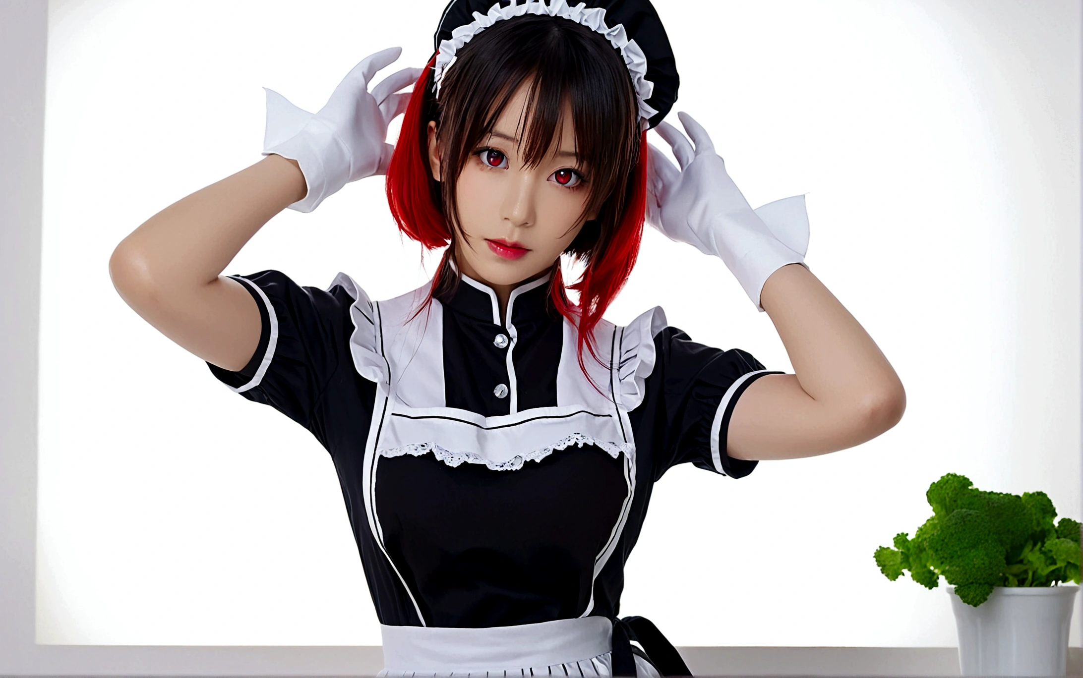 1girl, solo, breasts, looking at viewer, short hair, bangs, large breasts, simple background, black hair, hair ornament, red eyes, gloves, hat, white background, dress, closed mouth, tail, short sleeves, red hair, multicolored hair, hairclip, puffy sleeves, belt, white gloves, apron, black dress, arm up, two-tone hair, puffy short sleeves, maid, monster girl, white apron, buckle, maid apron, colored inner hair, Shark tail fin,