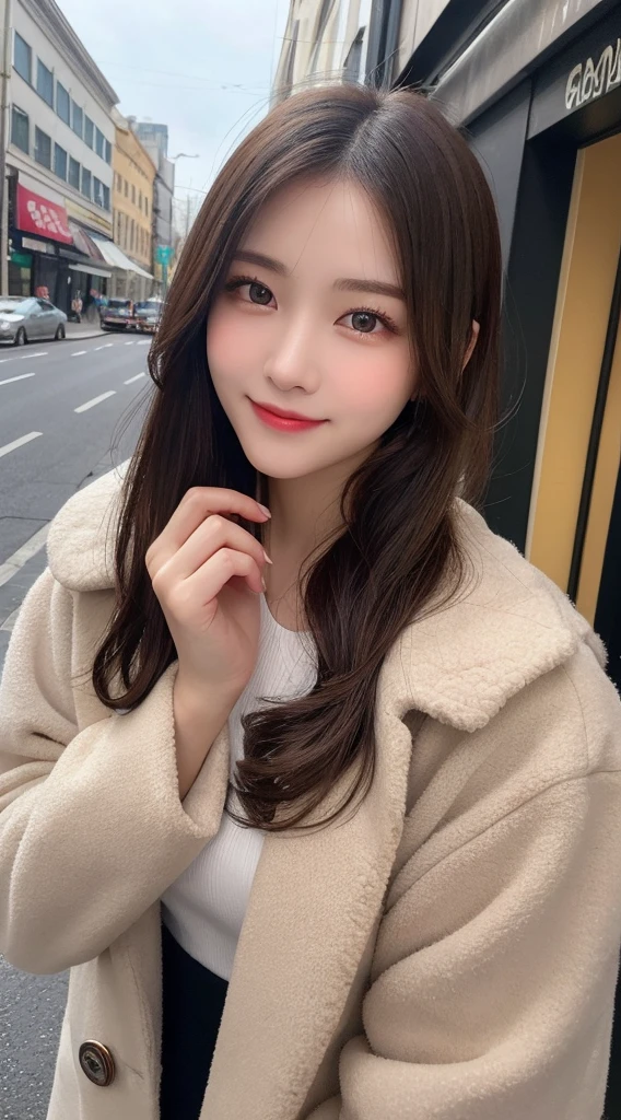 Tabletop, Highest quality, shape, Very detailed, finely, High resolution, 8K壁紙完璧なダイナミックな構shape, Beautiful and detailed, Straight hair, Small breasts, Natural color lip, Random sexy poses,smile,20-year-old girl、Midnight、くDetailed face、Perfect and beautiful face,Big eyes、RAW Photos、Expressing feminine poses with the whole body、Beautiful and detailed、Small face、Beautiful Duplex、Slim face and figure,Luxury brand mink coat(internal:Winter clothes)、Beautiful golden ratio face,Twin ponytail,Bright expression,Shooting with a focus on beautiful legs、Actual Photos、 (Get closer to the face, Make your face bigger, Face Focus:1.0), break, (masterpiece, Highest quality, Very detailed, Detailed face, 8K)、Actual Photos、Perfect and beautiful face、Blur the background、smile