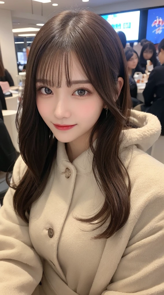 Tabletop, Highest quality, shape, Very detailed, finely, High resolution, 8K壁紙完璧なダイナミックな構shape, Beautiful and detailed, Straight hair, Small breasts, Natural color lip, Random sexy poses,smile,20-year-old girl、Midnight、くDetailed face、Perfect and beautiful face,Big eyes、RAW Photos、Expressing feminine poses with the whole body、Beautiful and detailed、Small face、Beautiful Duplex、Slim face and figure,Luxury brand mink coat(internal:Winter clothes)、Beautiful golden ratio face,Twin ponytail,Bright expression,Shooting with a focus on beautiful legs、Actual Photos、 (Get closer to the face, Make your face bigger, Face Focus:1.0), break, (masterpiece, Highest quality, Very detailed, Detailed face, 8K)、Actual Photos、Perfect and beautiful face、Blur the background、smile