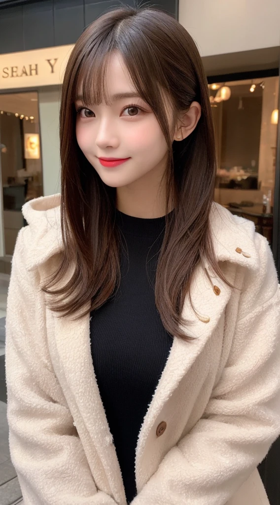 Tabletop, Highest quality, shape, Very detailed, finely, High resolution, 8K壁紙完璧なダイナミックな構shape, Beautiful and detailed, Straight hair, Small breasts, Natural color lip, Random sexy poses,smile,20-year-old girl、Midnight、くDetailed face、Perfect and beautiful face,Big eyes、RAW Photos、Expressing feminine poses with the whole body、Beautiful and detailed、Small face、Beautiful Duplex、Slim face and figure,Luxury brand mink coat(internal:Winter clothes)、Beautiful golden ratio face,Twin ponytail,Bright expression,Shooting with a focus on beautiful legs、Actual Photos、 (Get closer to the face, Make your face bigger, Face Focus:1.0), break, (masterpiece, Highest quality, Very detailed, Detailed face, 8K)、Actual Photos、Perfect and beautiful face、Blur the background、smile