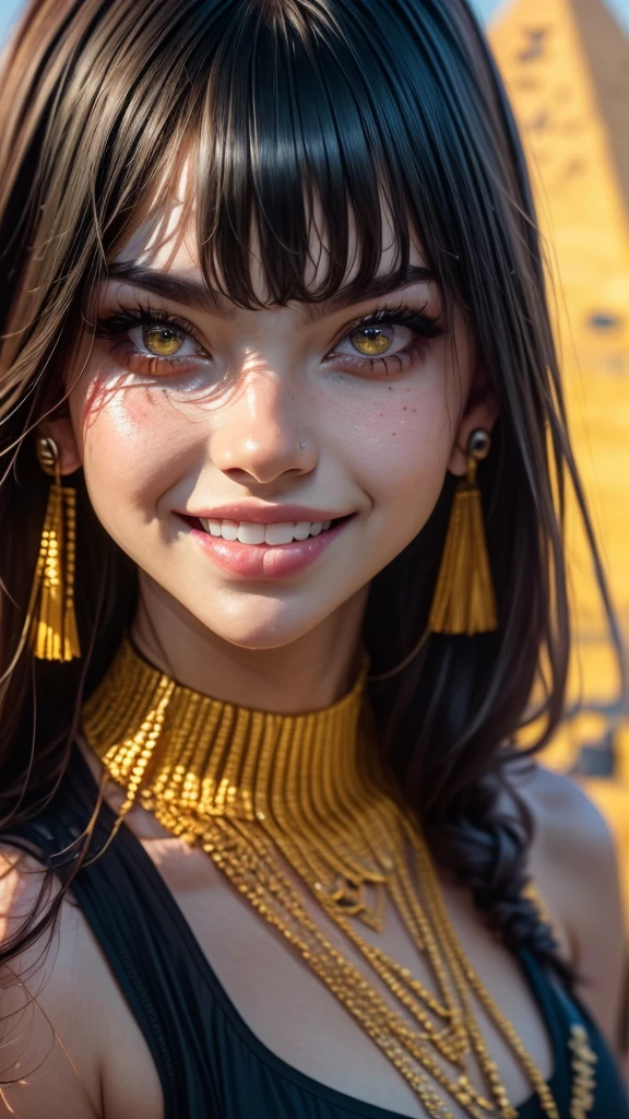 vibrant colors, 1 girl, masterpiece, sharp focus, best quality, depth of field, cinematic lighting, detailed outfit, anubis girl, anubis ears, red eyes, dark skin, cute, smile, medium black hair, egyptian outfit, golden egyptian jewelry, desert, pyramid,