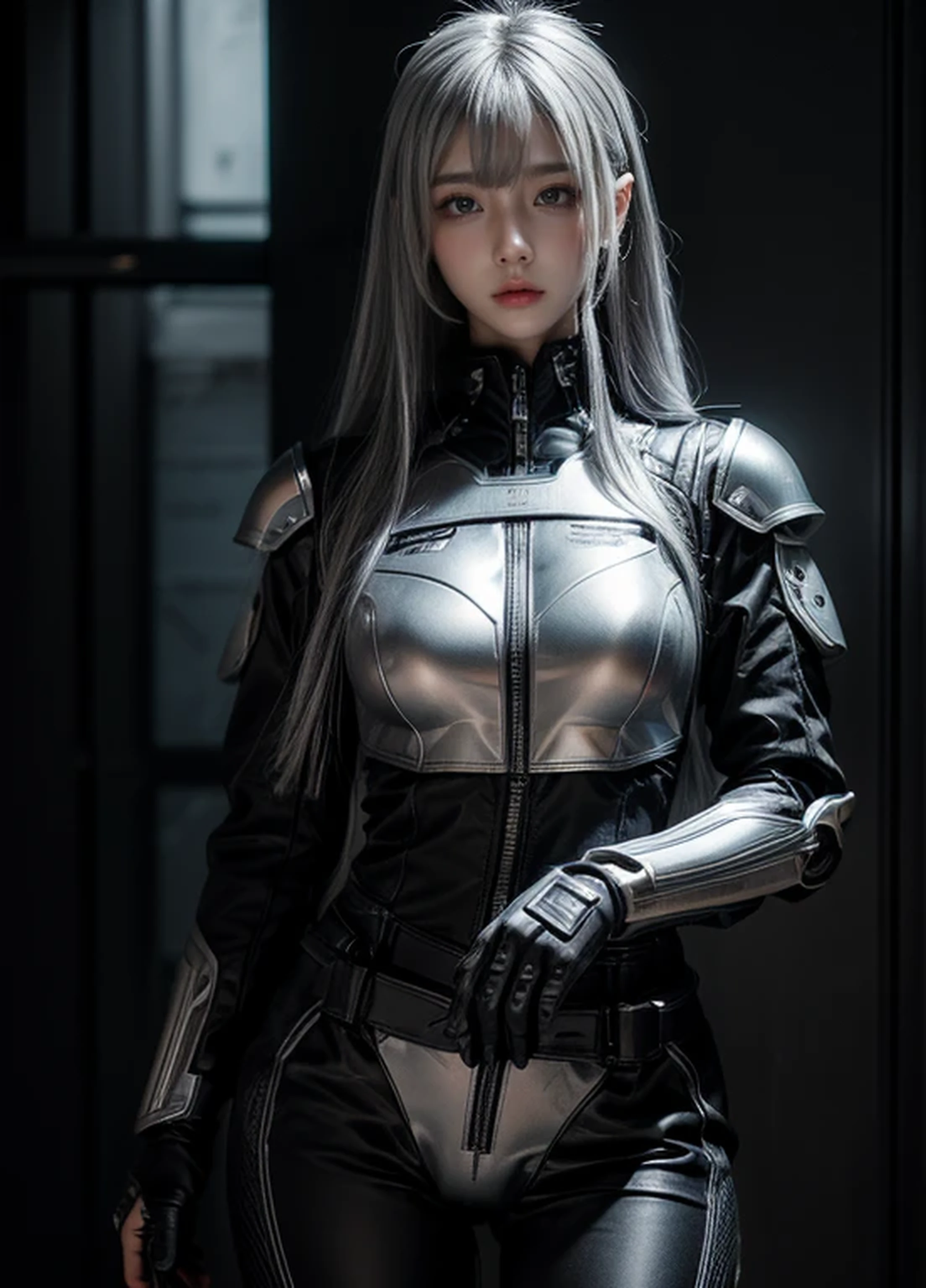 cyber angel,machine wing,{{Sci-Fi Armor}},cyber suit,cyberpunk,science fiction,cyber battle armor,Battledress,Military Uniforms,pants,black military uniform,whole body,Height: 168cm,almond shape eyes,{{{{{silver eyes}}}}},{{{{{dull bangs}}}}},(slanted eyes},{{whole body},{{{1 girl}}}, long hair, straight hair,{{{{silver hair}}}},{{{tsurime}}},30 years old,{Medium chest},{{bush}},silver eyes,{{{masterpiece}}}, {{{highest quality}}}, {{Super detailed}}, {shape}, {{very delicate and beautiful}},very detailed,detailed perfect,detailed hyper,Abundant thighs,big ass,black clothes
