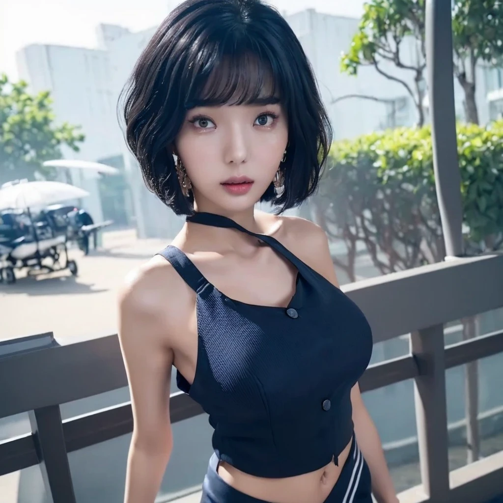 (((sexy crop dark blue flight attendant uniform with heels))) (((half body three girl foto))), detailed skin, ((asia white skin color)), detailed skin, big breasts, slim body, gigantic breasts, Slim Waist, 4K resolution,((pursed lips)) (((short hair BLACK wavy bangs thick hairstyle))) ((white skin)) ((extremely detailed face)) ((extremely detailed eyes))  (((sexy body pose)))  ((outdoor background at luxury plane, passangers etc)) (((looked on camera))) look camera, ((sixpack woman)) ((model posture)), face extremely detailed, full body color photo of a 22 y.o girl, beautiful face, beautiful eyes,  ((skin details, high texture)), hand fix, finger fix, nails fix, realistic hand wrinkles, realistic eyes, octane render, simetris eyes.