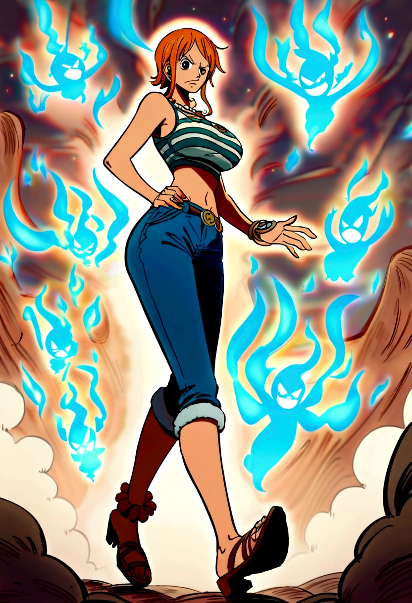 Nami from one piece with fiery orange hair, intense brown eyes, and a fierce expression. She's surrounded by a swirling blue energy, suggesting she's in the midst of a battle or a magical display. Her outfit is crop top and bleu jeans, full body, large breast, with a white, striped top and a necklace, hinting at a warrior's spirit. The overall mood is one of raw power and unwavering resolve.