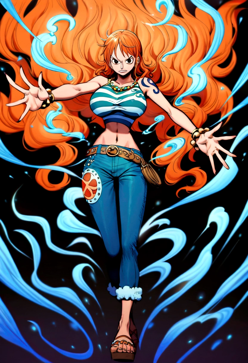 Nami from one piece with fiery orange hair, intense brown eyes, and a fierce expression. She's surrounded by a swirling blue energy, suggesting she's in the midst of a battle or a magical display. Her outfit is crop top and bleu jeans, full body, large breast, with a white, striped top and a necklace, hinting at a warrior's spirit. The overall mood is one of raw power and unwavering resolve.