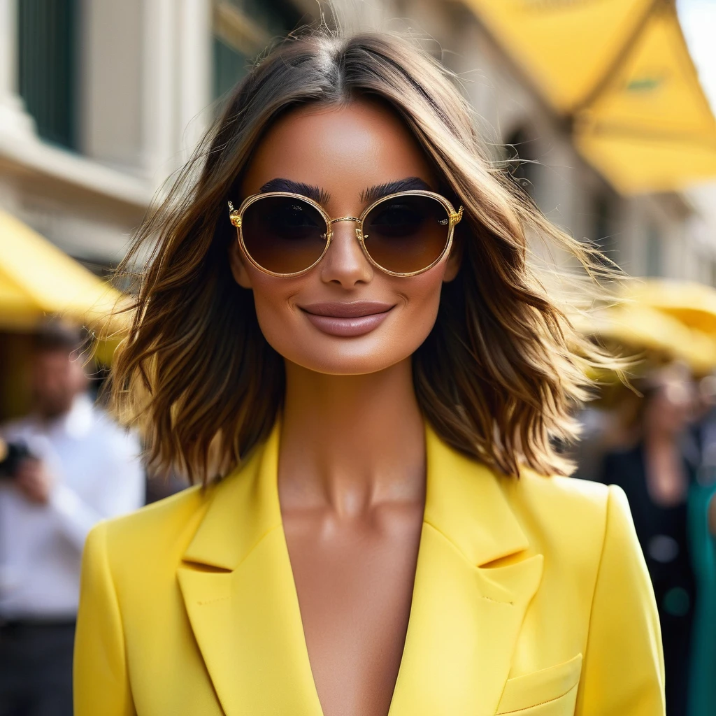 arafed femme portant des lunettes et une robe jaune souriante, with lunettes carrées, girl avec des lunettes, Olivia Culpo, portrait emily ratajkowski, wearing lunettes carrées, porter de fines grandes lunettes rondes, lunettes sans monture, lunettes carrées, dans des verres à monture carrée, Julia Sarda, image éditoriale, lunettes épaisses, longs cheveux noirs ondulés et lunettes, avec des lunettes, une grosse poitrine