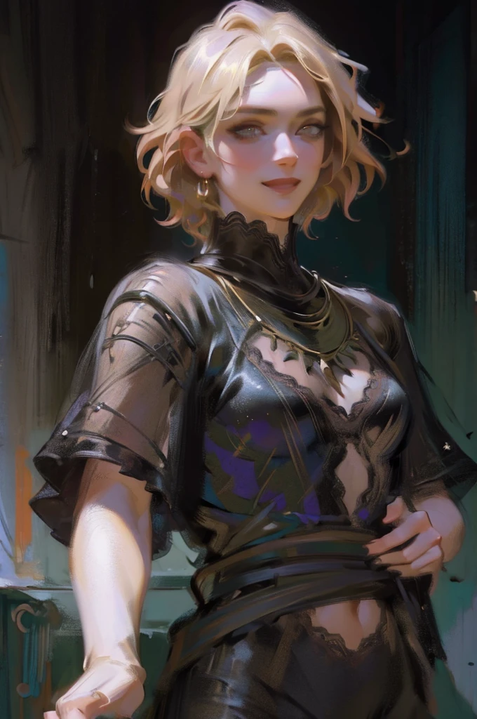 ((Ultra Realistic Illustration:1.3)), Athletic blonde, (short hair), tomboy, Cute, ((smile)), Smoky Eye, mascara, necklace, black transparent lace blouse. (excited:1,1), Looking into the eyes of the viewer, with ardent desire. sexual, romantic. masterpiece, (very detailed:1.2),(detailed face and eyes:1.2), 8k wallpaper, moody lighting. Basic shadows, high contrast, hips.