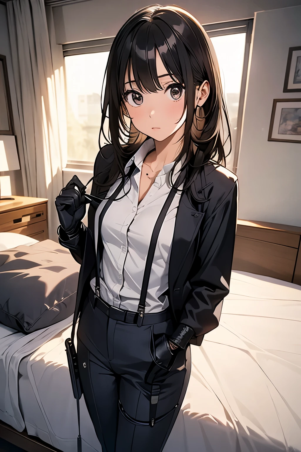 1 female, , high quality, masterpiece, Ultra-high resolution, , Cinema Lighting, , , And the suspenders with the cranes flying　　　Moderate breasts　 　 　　　　Small face　 　　　holster　　　　　　　 Lying in bed　Looking up　　　　Sweat 　　　belt　summer　脇Sweat 　Black Hole Gloves　suit　shirt　　Black jacket　 Black trousers　Leg Links　ズボンにbelt　　holster　 　　Hands behind your back　 Anxious expression　Looking up　Anxious face 