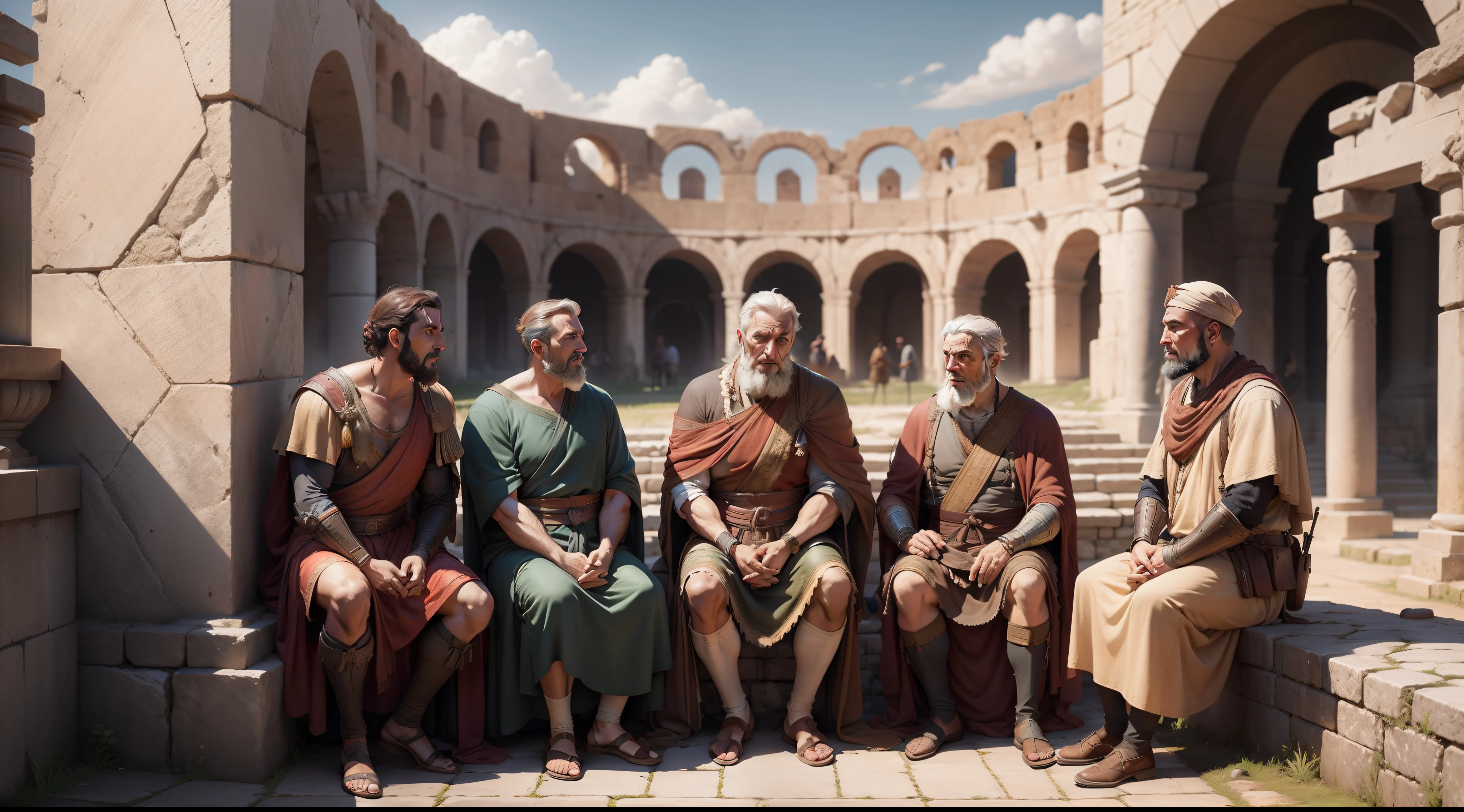 image stylisée d'une ancienne place romaine avec des hommes de différents âges écoutant les paroles d'un vieux sage