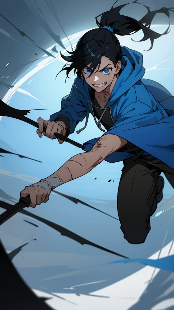 boy, Black hair tied in a ponytail, reflective blue eyes, holding a dagger, q shaped dagger, bloodied clothes, battle grin, modern clothing, hoodie, wounded,