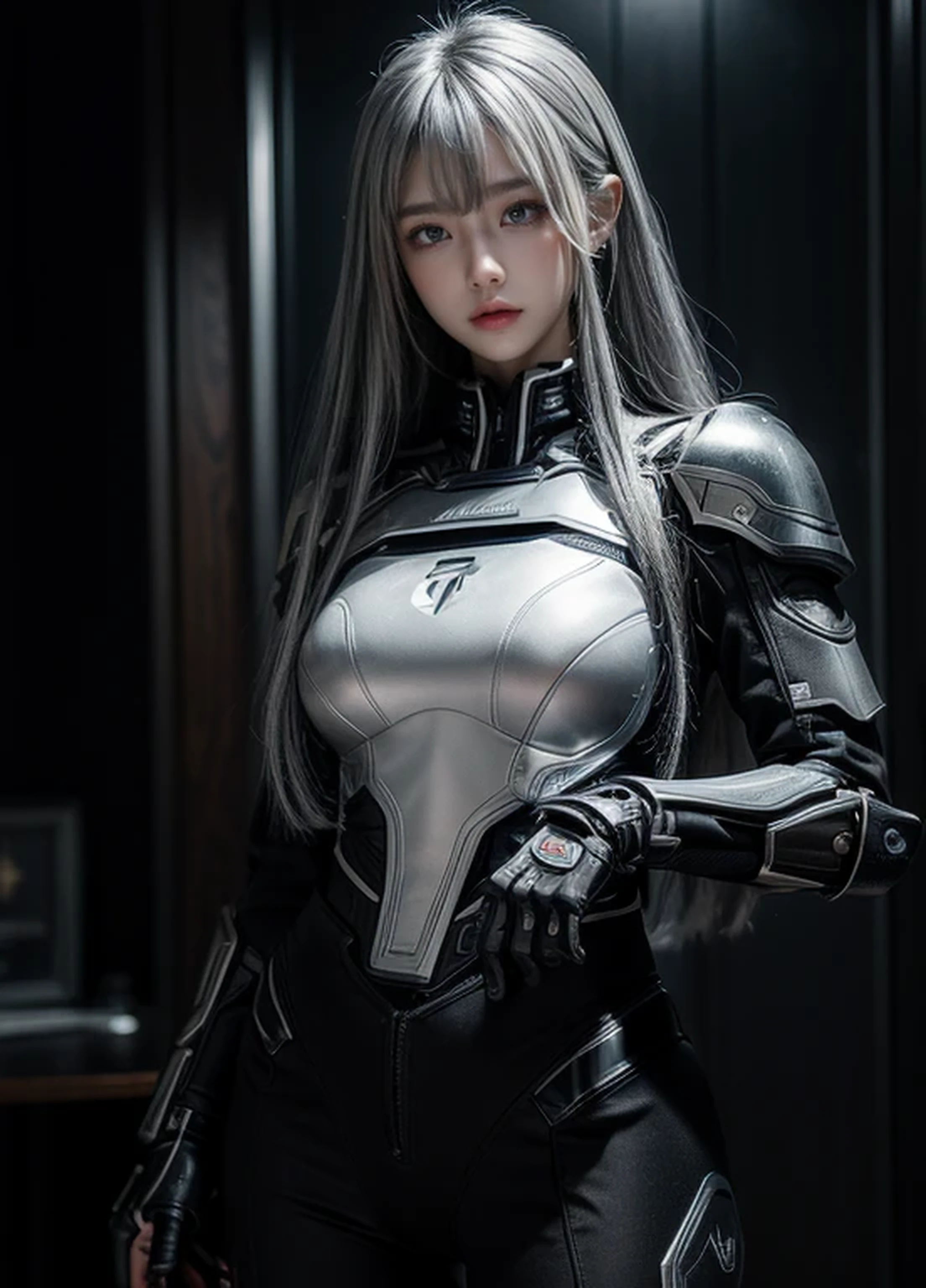 cyber angel,machine wing,{{Sci-Fi Armor}},cyber suit,cyberpunk,science fiction,cyber battle armor,Battledress,Military Uniforms,pants,black military uniform,whole body,Height: 168cm,almond shape eyes,{{{{{silver eyes}}}}},{{{{{dull bangs}}}}},(slanted eyes},{{whole body},{{{1 girl}}}, long hair, straight hair,{{{{silver hair}}}},{{{tsurime}}},30 years old,{Medium chest},{{bush}},silver eyes,{{{masterpiece}}}, {{{highest quality}}}, {{Super detailed}}, {shape}, {{very delicate and beautiful}},very detailed,detailed perfect,detailed hyper,Abundant thighs,big ass,black clothes