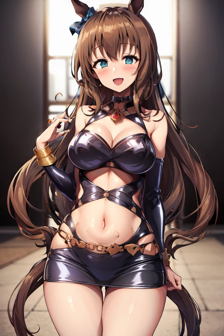 masterpiece, High resolution, Highest quality, Absurd, formal, (Bodycon), Micro Dress, One girl, alone,(Maruzensky \(umamusume\)),blue eyes, Skin Dentition, Highly wrinkled, shiny clothing that reflects light, latex, Fits perfectly against the skin, Put your arms behind your back,  Glowing Skin, Waist cutout, Bare shoulders, necklace, Removable sleeves, Lock (belt), (Used Condoms), Hand Bang, accessories, choker, belly button, Attractive perfect female proportions, Captivating smile, blush, venue,