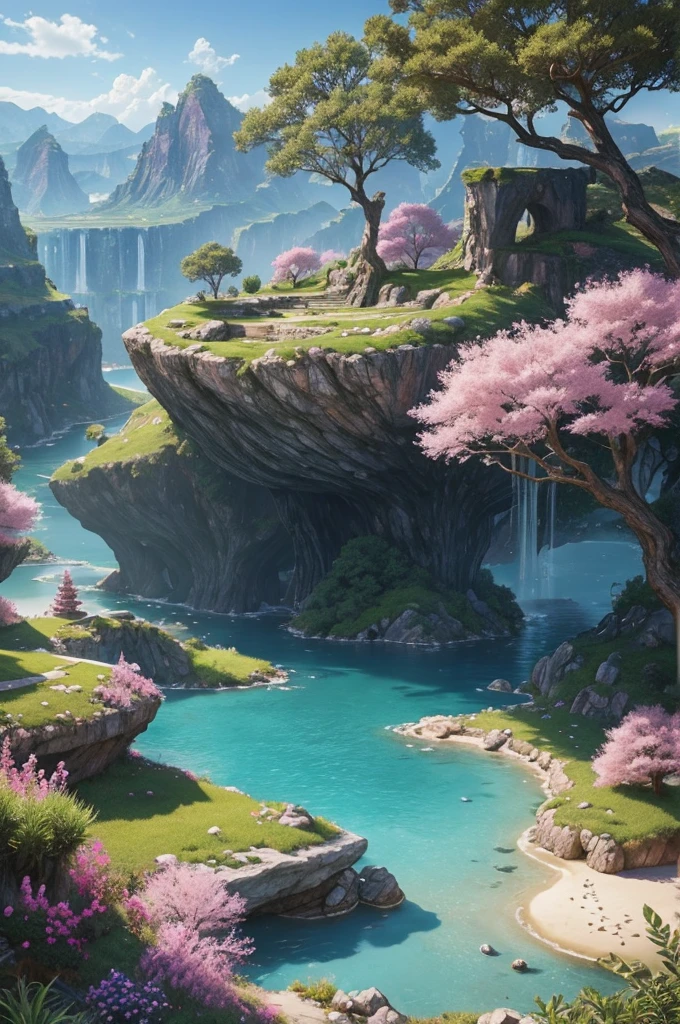 Fantasy World,Stunning natural scenery,Magnificent valley,There are huge rocks around,Pink fantasy grass,In the center is a clear lake,Fantasy style tree々surrounded by plants。Realistic Style,Real Light,Genuine Materials