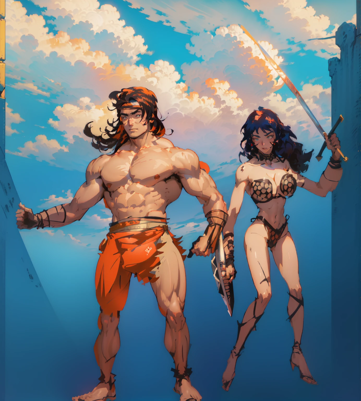 masterpiece, best quality, (extremely detailed CG unity 8k wallpaper), (best quality), (best illustration), (best shadow), absurdres, realistic lighting, (Abyss), beautiful detailed glow, a drawing of a man in a kilt holding a bag, conan the barbarian and red sonja illustration, barbarian, male barbarian, female barbarian, style of frank miller, frank miller style, by Frank Miller, frank frazetta manga style, frank frazetta style, tanned barbarian warriors, young black haired strongman and beautiful orange haired woman, picture of an adult male and female warrior, fur-clad barbarian and steal ring bikini wearing woman holding a steal sword and shield, she is wearing gloves, muscular character. it is a summer day, blue sky, white clouds, noon time, they are standing on a grass field.
