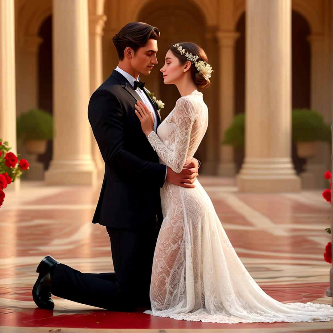 (ultra detailed, Best quality, A high resolution), whole body, dynamic angle,Smooth and dynamic,Cinematic,a woman and a man stand in the middle of a beautiful place, man gets down on one knee, to make an assumption to marry him (masterpiece:1.4), An elaborate outfit, woman in long dress with lace details, man in tuxedo, custom made, their faces express joy and love, background decorated with bright flowers and romantic decorations, (A high resolution:1.4), The woman&#39;s shiny skin and the man&#39;s formal attire create a striking contrast.., atmosphere, filled with happiness and the promise of a lifetime of dedication. (BREAK) intimate moment, couple exchanges loving glances, Hands and arms carefully