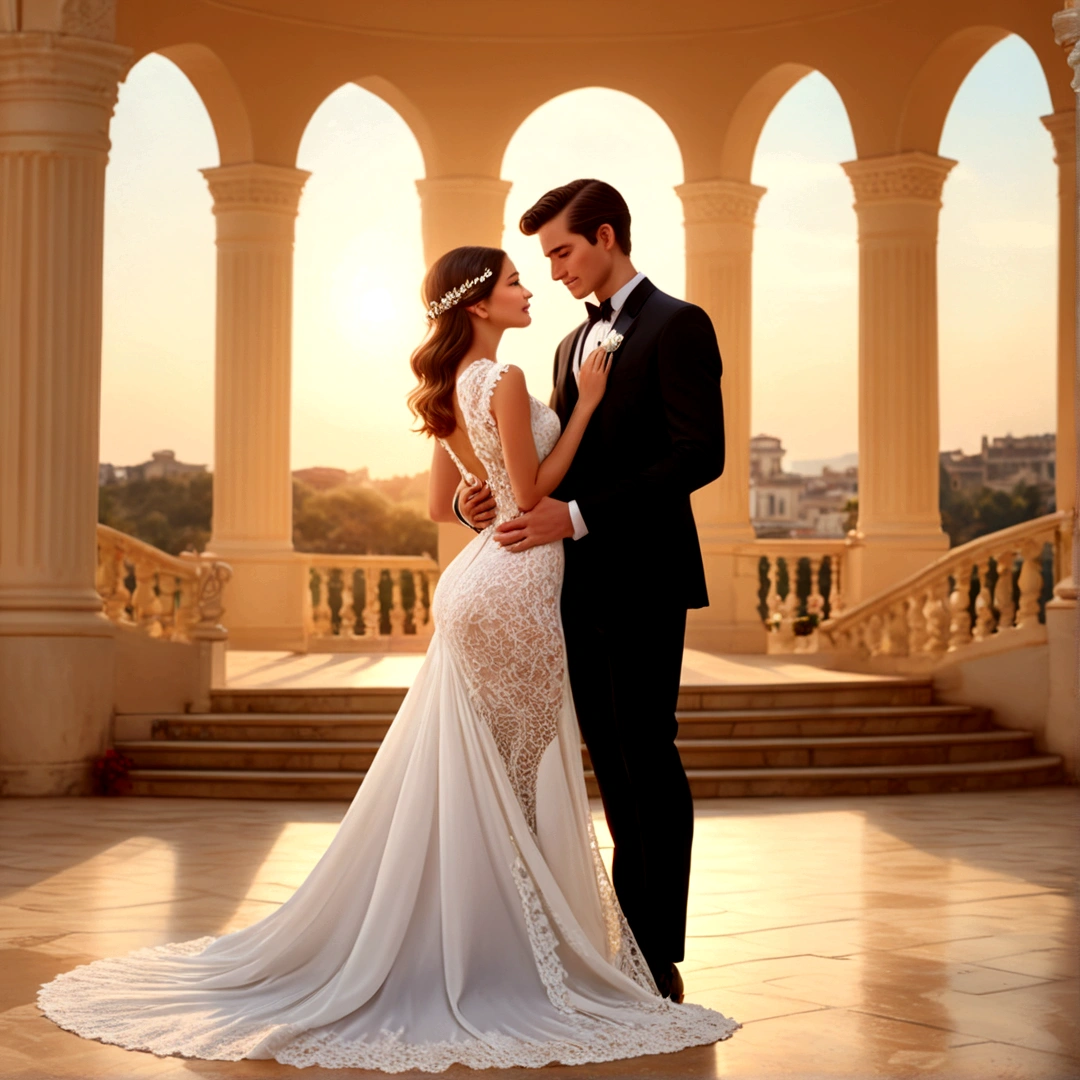 (ultra detailed, Best quality, A high resolution), whole body, dynamic angle,Smooth and dynamic,Cinematic,a woman and a man stand in the middle of a beautiful place, man gets down on one knee, to make an assumption to marry him (masterpiece:1.4), An elaborate outfit, woman in long dress with lace details, man in tuxedo, custom made, their faces express joy and love, background decorated with bright flowers and romantic decorations, (A high resolution:1.4), The woman's shiny skin and the man's formal attire create a striking contrast.., atmosphere, filled with happiness and the promise of a lifetime of dedication. (BREAK) intimate moment, couple exchanges loving glances, Hands and arms carefully