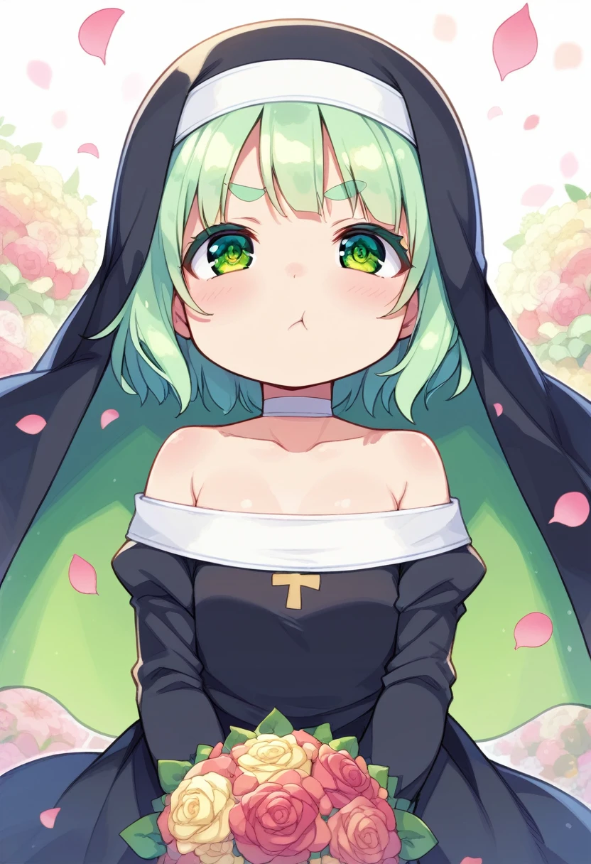 score_9, ,score_7_up, score_6_up, 1girl, source_cartoon, source_anime,breathtalking Scenery,watercolor,smooth soft skin, natural skin,mjm
BREAK
(:1.4),(little female child:1.4), small breast,cute face, (lolidler:1.1), 6 yo,kawaii, (highlight on eyes), (jiggly:0.8), shiny skin,beautiful eyes, detailed eyes, puffy eyes,
BREAK
(medium green hair:1.3),(green maro eyebrows:1.6),pouty and slightly grumpy,(pout:1.2), ::(, (jitome),(frown:0.6),white streaked hair, green eyes,
BREAK
(zigzag pattern nun dress), (pastel veil:1.2),choker,nun,excessive detailed collarbone,exposed collarbone, dynamicangle,
BREAK
pov,looking up,upturned eyes,flowerbackground,flowergarden,flower bouquet, (digits behind bouquet:1.3), (hands behind bouquet:1.3),falling petals,
(holding bouquet:1.1), celebration, Congratulations,confetti, bloom effect,dynamicangle,pastelcolor,