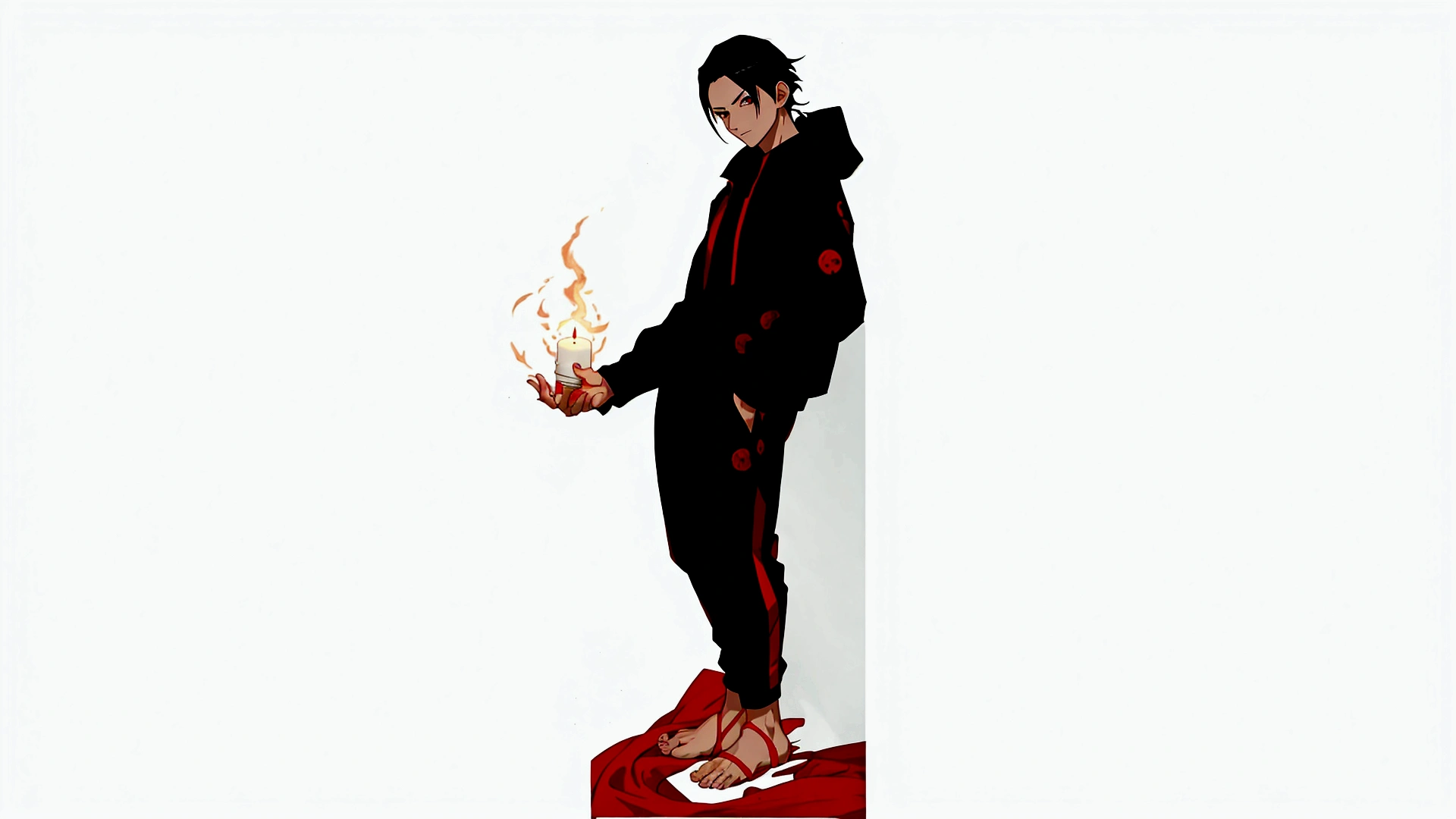There is a man holding a lit candle in his hand, fire!! whole body, whole body illustration, anime whole body illustration, anime style character, full - length portrait, itachi uchiha, trigger anime art style, single character whole body, whole body concept, !!whole body portrait!!, character whole body portrait, official character illustration, high quality fanart