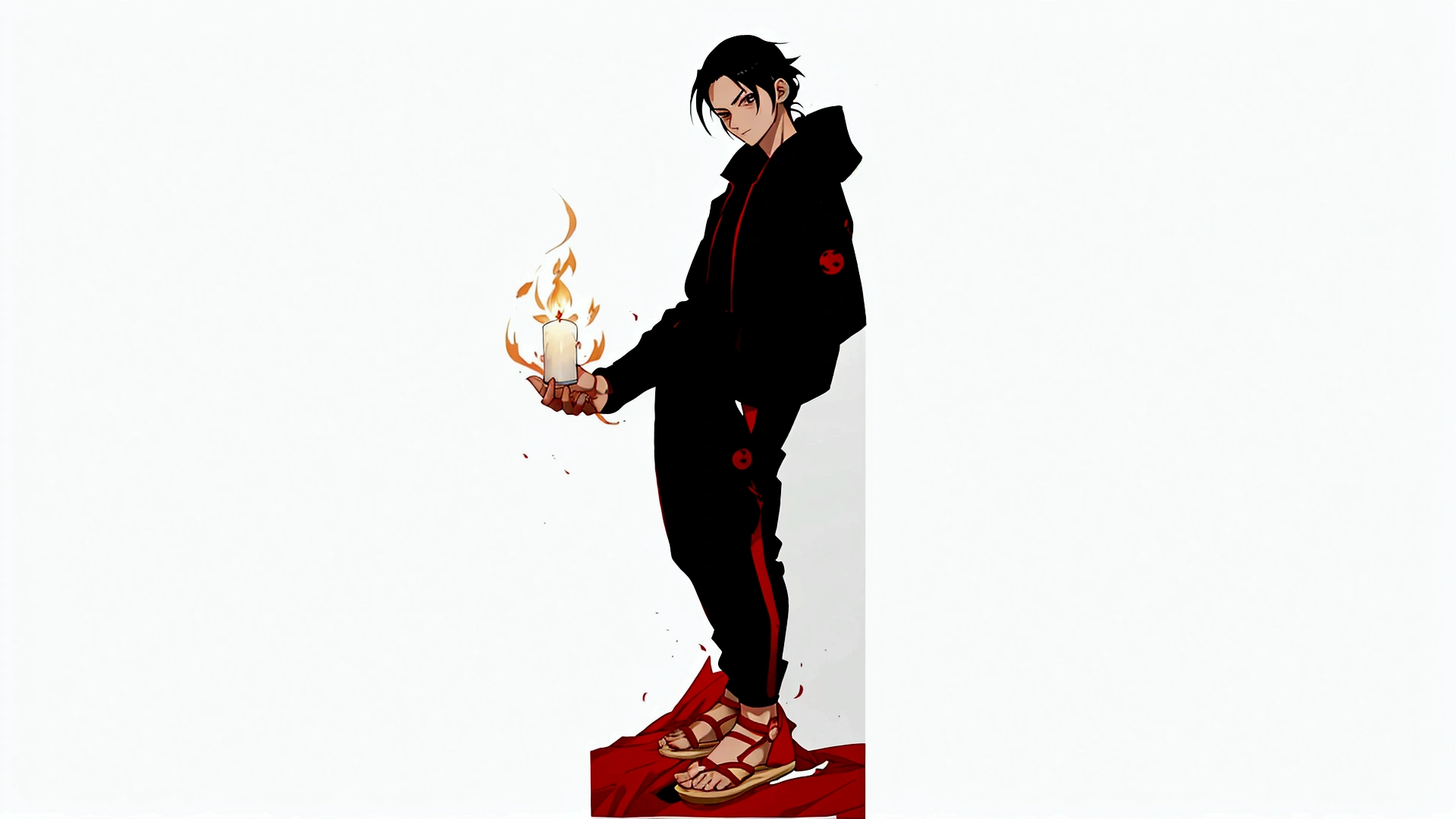 There is a man holding a lit candle in his hand, fire!! whole body, whole body illustration, anime whole body illustration, anime style character, full - length portrait, itachi uchiha, trigger anime art style, single character whole body, whole body concept, !!whole body portrait!!, character whole body portrait, official character illustration, high quality fanart