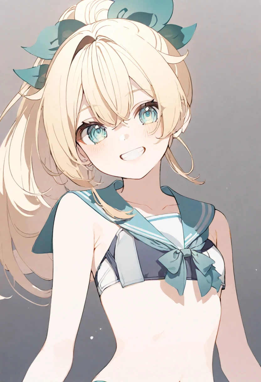 1 girl, vtuber style, cool girl, hololive, Kazama Iroha, Ponytail, blond hair, sailor bikini, small chest, cropped shoulders, clavicle, looking at viewer, smile, (whole body), standing,