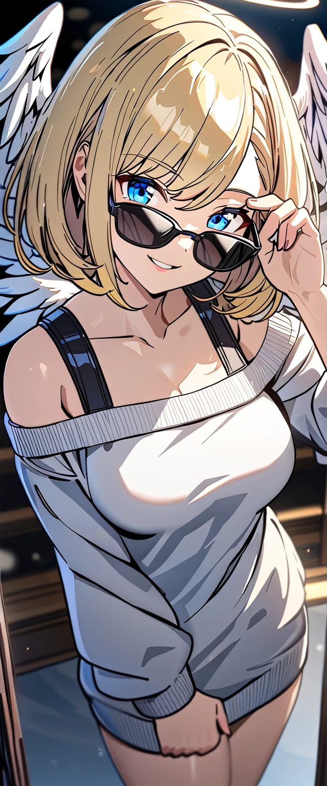 ((angel, big big white wings:1.3, halo:1.3)), ((from above)), (((sunglasses, hand to sunglasses))), (((cowboy shot))), archangel Uriel, ((wavy hair, inward curled hair)), evening, Sunset, ((blond hair, bob cut:1.3)), breasts, teenager, (looking at viewer), oversized clothes, puffy long sleeves, ((off-shoulder sweater:1.3, Quite thick shoulder straps)), ((white sweater)), collarbone, head tilt:1.3, (((blue eyes))), ((happy smile)), (((anime style))), (best quality, 4K, 8K, highres, masterpiece:1.2, ultra-detailed, ultra-detailed eyes, HDR, uhd, studio lighting, ultra-fine painting, sharp focus, physically-based rendering, extreme detail description, professional, vivid colors, bokeh)