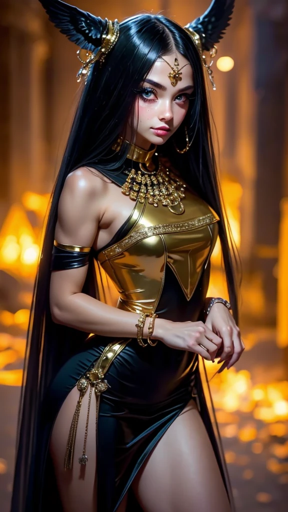 vibrant colors, 1 girl, masterpiece, sharp focus, best quality, depth of field, cinematic lighting, detailed outfit, anubis girl, anubis ears, red eyes, dark skin, cute, smile, medium black hair, egyptian outfit, golden egyptian jewelry, desert, pyramid, 