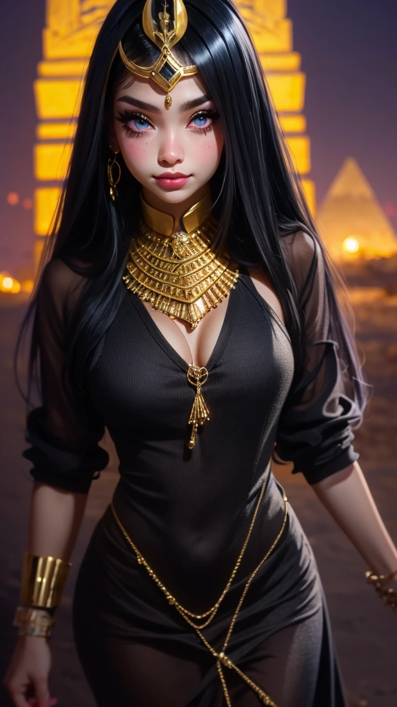 vibrant colors, 1 girl, masterpiece, sharp focus, best quality, depth of field, cinematic lighting, detailed outfit, anubis girl, anubis ears, red eyes, dark skin, cute, smile, medium black hair, egyptian outfit, golden egyptian jewelry, desert, pyramid, 