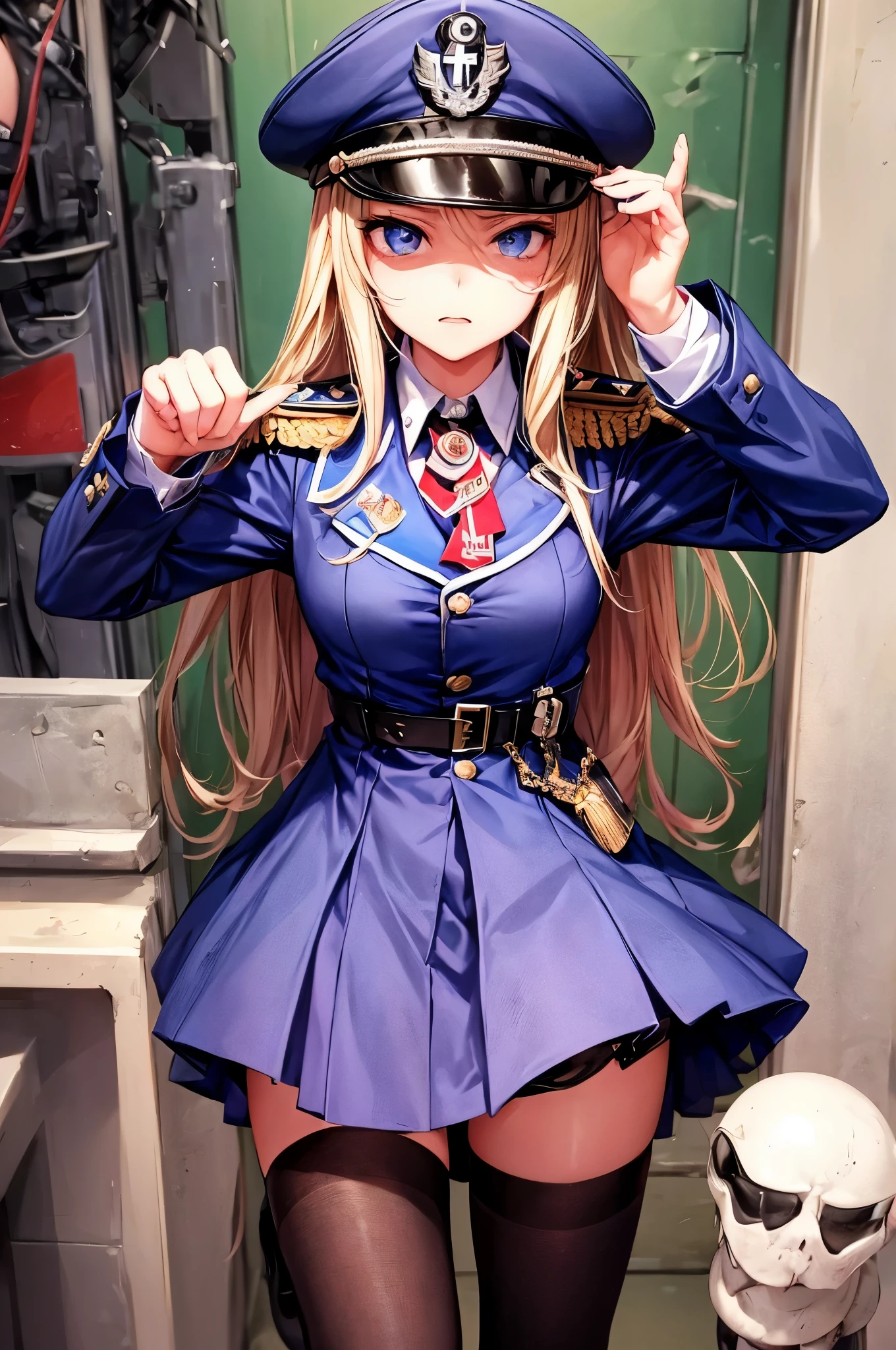 1 girl, sfw, beautiful girl, high quality, 18 years old, dictator, dictator hat, arrogant behave, arrogant, frustrated, outside, public, , angry, (a girl is looking down the viewer), low angle, from below, (a girl disgusting the videwer), narrow eyed