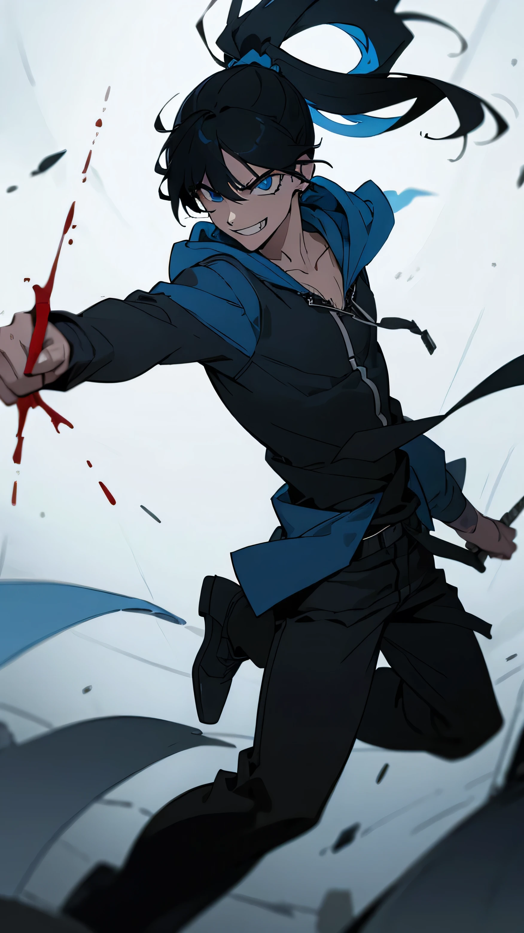 boy, Black hair tied in a ponytail, reflective blue eyes, holding a dagger, q shaped dagger, bloodied clothes, battle grin, modern clothing, hoodie, wounded, 