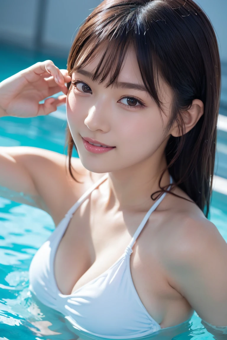 ((スポーツSwimwear:1.3)), Swimwear, Skin color, big , smile, (8K, RAW Photos, Highest quality, masterpiece:1.2), masterpiece, super detailed, super high quality, (Realistic and photorealistic photography:1. 37), High-resolution RAW color photos, Very delicate and beautiful, highly detailed, 8K壁紙, wonderful, detailed, Very eye, very detailed, very detailed skin, very thin fingers, very detailed nose, very detailed mouth, Perfect Anatomy, Upper Body, swimming, Transparency, tiny Swimwear, Nogizaka idol, Korean Idol, idol carving'Temporarily stop, 18-year-old, cheap, Cafe, restaurant, Italy, deer, Australia, break ((Upward glance)), ((angle From above: 1. 3)), From above, Looking into the camera,