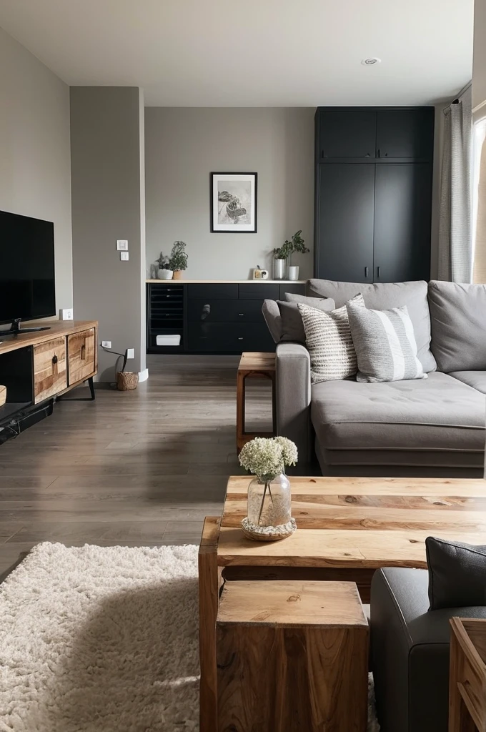 I want to combine natural wood with black and gray in my living room.