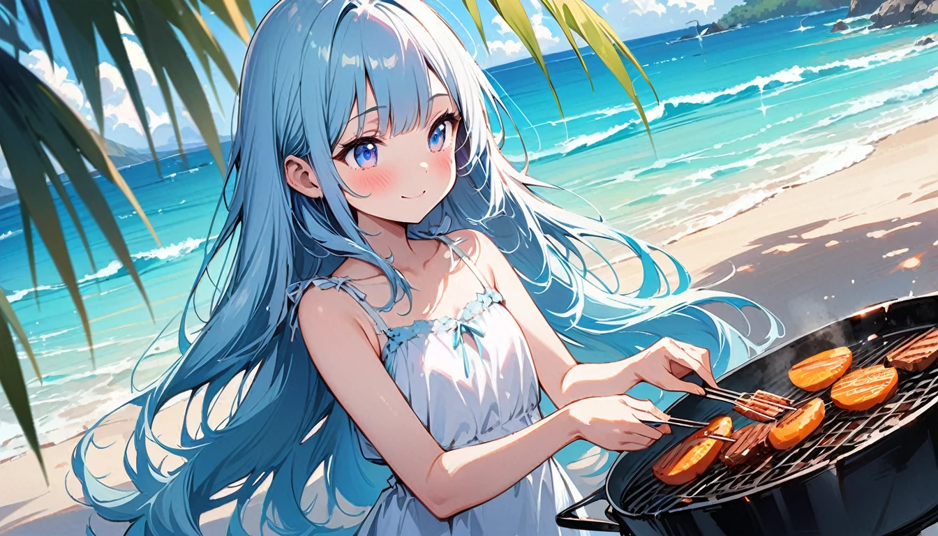 masterpiece, best quality, extremely detailed, (illustration, official art:1.1), 1 girl ,(((( light blue long hair)))), ,(((( light blue long hair)))),light blue hair, , long hair ((blush)) , cute face, big eyes, masterpiece, best quality,(((((a very delicate and beautiful girl))))),Amazing,beautiful detailed eyes,blunt bangs((((little delicate girl)))),tareme(true beautiful:1.2), sense of depth,dynamic angle,,,, affectionate smile, (true beautiful:1.2),,(tiny 1girl model:1.2),)(flat chest),(masterpiece, Highest quality:1.2), 1 Girl, alone,Eyes open,barbecue,Tropical atmosphere,Ocean